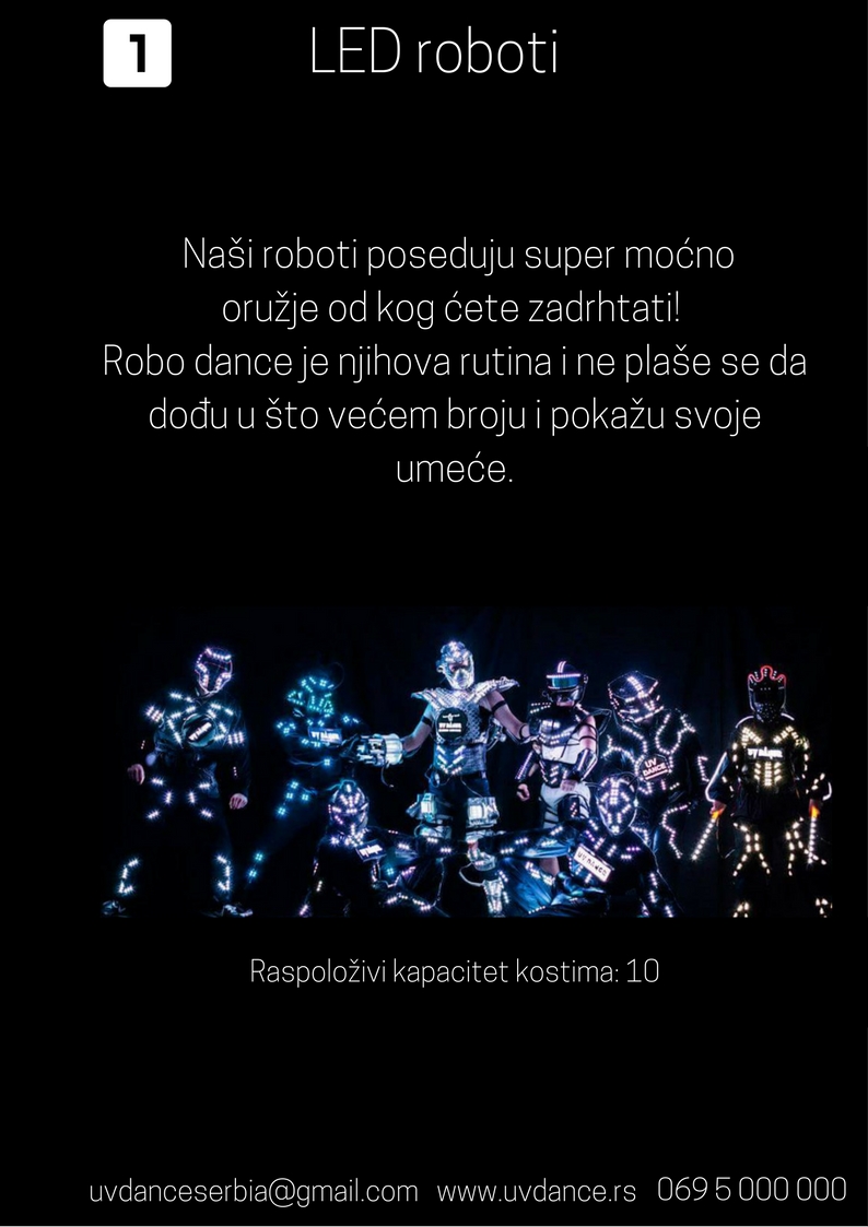 Plesači za proslave firmi i festivale, plesna grupa za event, performansi za korporativne dogadjaje, svetleci robot za event, maskote za evente, teambuilding, svetlosni efekti na eventima