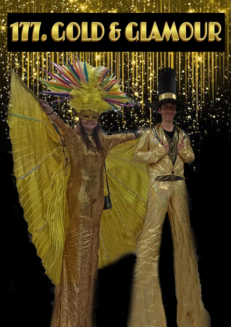 Zlatni elegantni duo džinova za najlepše evente, Golden duo, zlatni duo, raskošni duo, elegantnin kostimi, lux kostimi, stilts performeri, team building, tim bilding, zabavni sadržaj za klijente