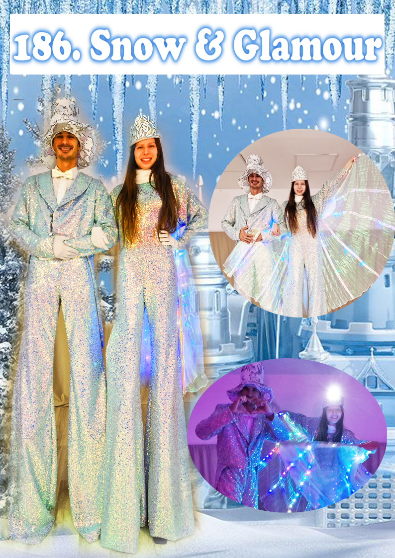 Snežni duo štulaša doneće duh Nove Godine na vaš event, animatori srbija, animacija dece Novi sad, Snow and Glamour, Snežni duo, Perla duo, elegantni duo na štulama, event, team building, animatori za firme
