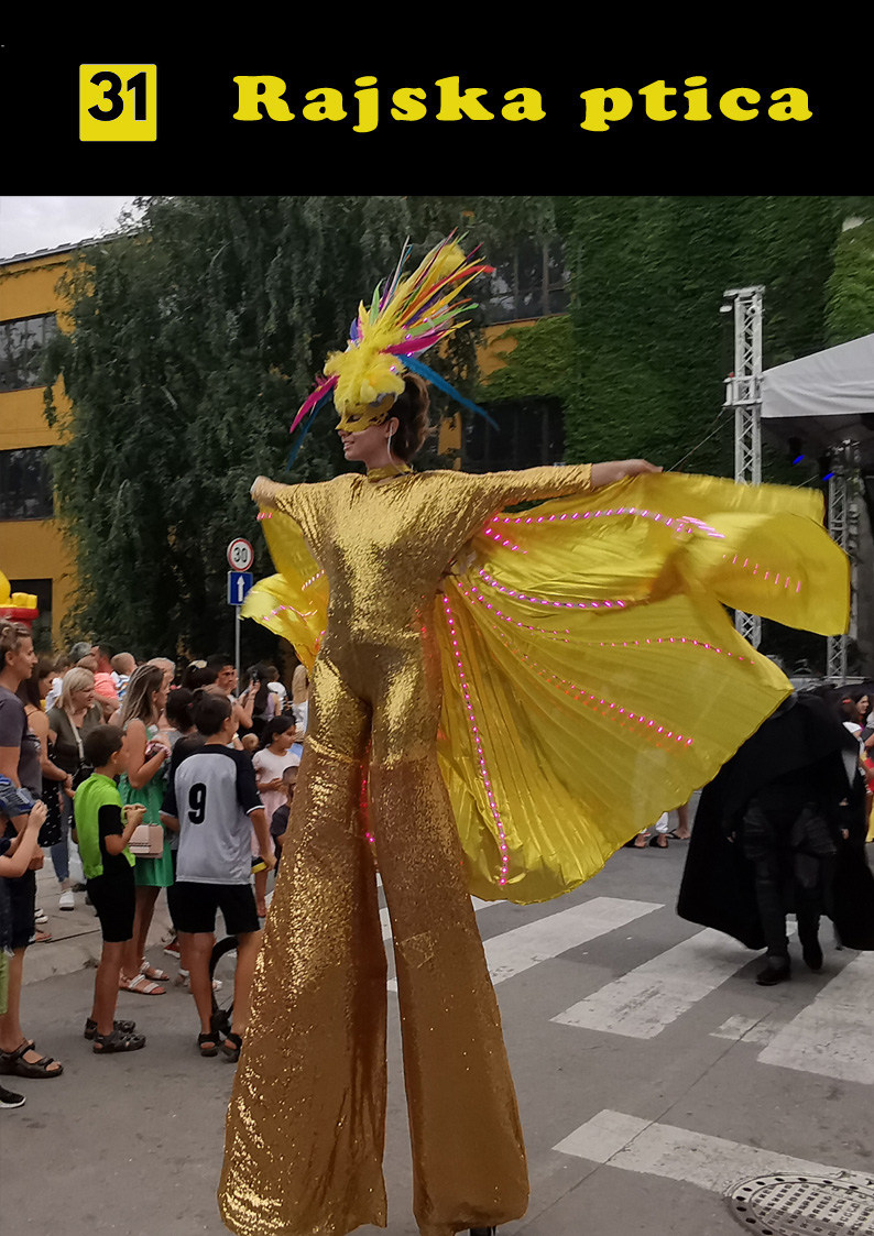 Zlatna Rajska ptica, zlatni raskošni kostim, devojka na štulama, štulaši, raskošni kostimi, show za promocije i otvaranja