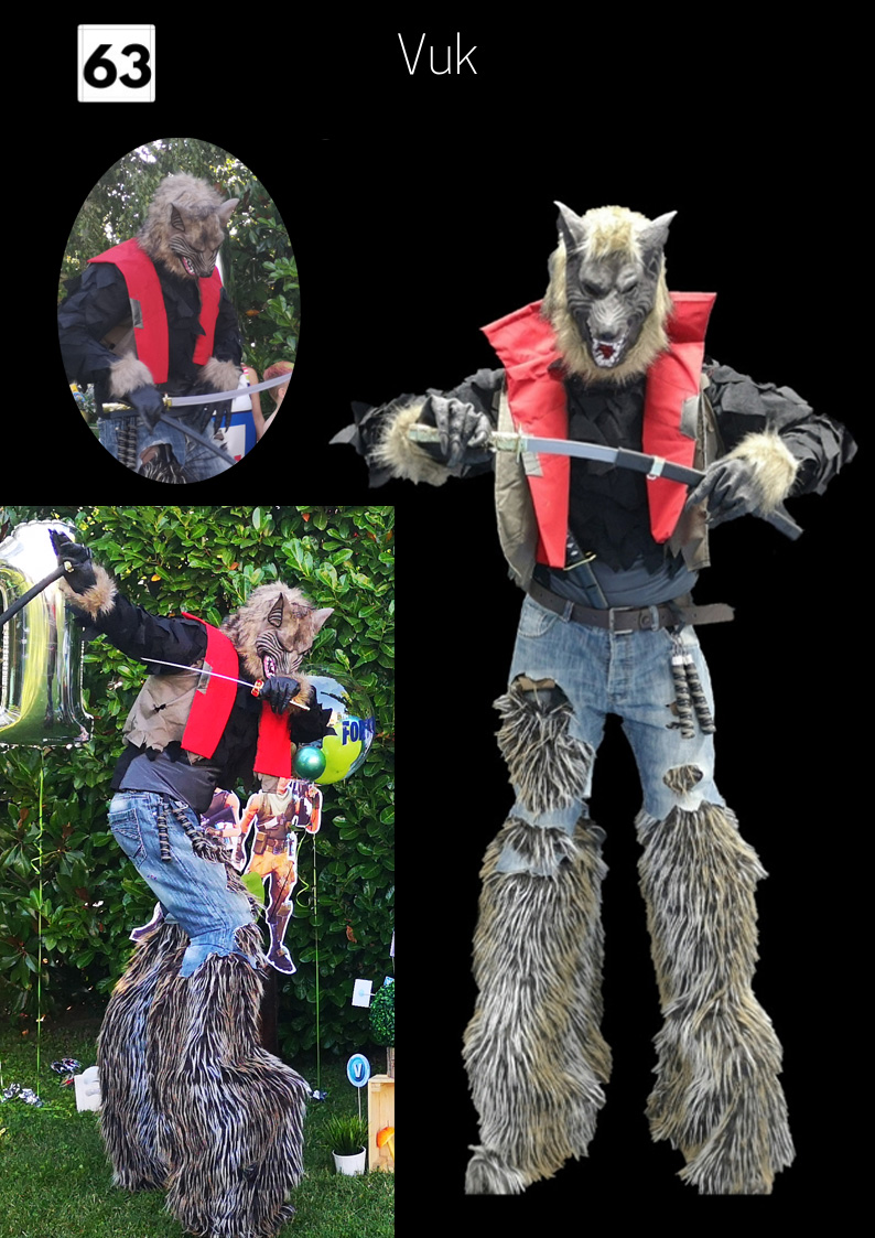 Veliki Vuk na štulama za opasno dobre žurke, Veliki vuk, white woolf, fortnite kostim, vukodlak, čudovište kostim, maskota, animatori za dečije rođendane