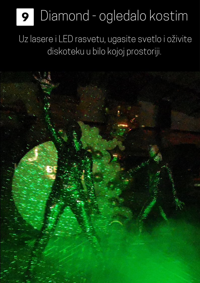Mirror i laser kostim za vrhunske performanse na eventima, Diamond, Dijamant, mirror costumes, ogledalo kostim, laser show, dječiji rođendani animatori