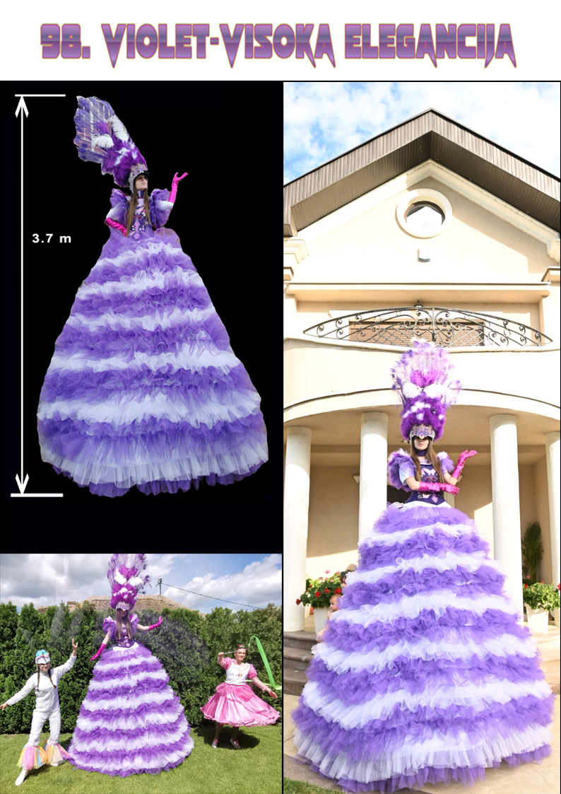 Raskošna i elegantna Violet svojom gracioznošću neće ostaviti nikoga ravnodušnim, Violet, Raskošne haljine, Lux kostim na štulama, devojka sa perjem, kostim sa perjem, violet in love, štulaši, zabavni program za firme